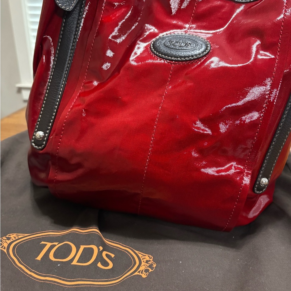 Tod's Shiny Red Tote with Black Details